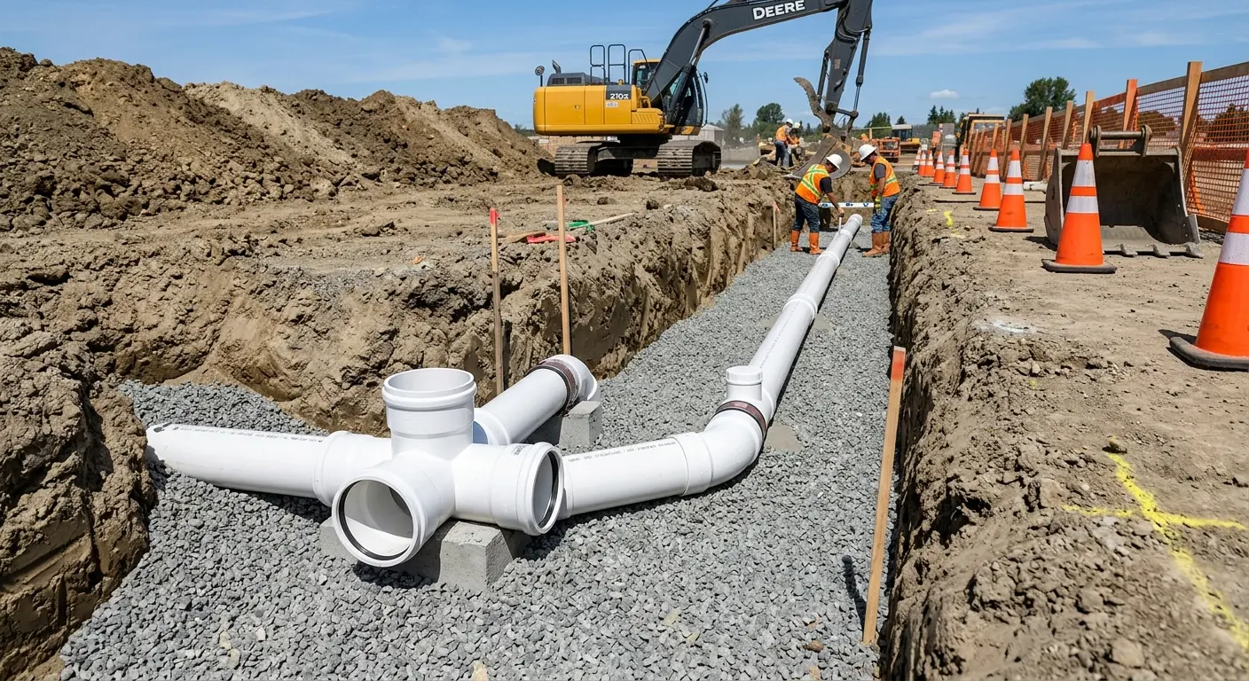 New PVC sewer pipe installation in open trench for Sewer Backup in Grand Haven