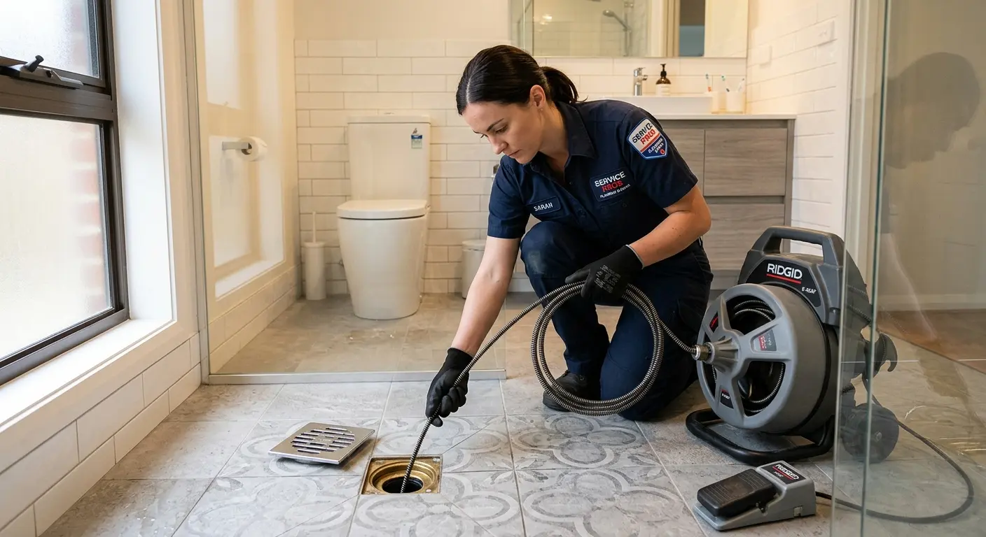 Technician clearing a bathroom floor drain for Drain Cleaning in Grand Haven
